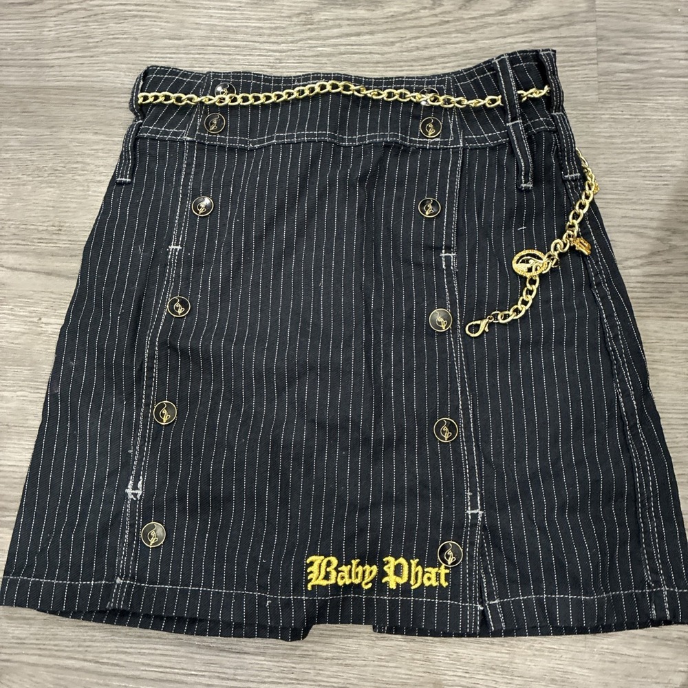 Girls Baby Phat Black Pinstripe & Gold Button Skirt With Belt | Size 12